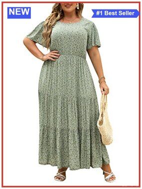 Plus Size Maxi Dress Flowy Ruffle Sleeve High Waist Pockets